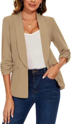 MINTLIMIT Womens Casual Blazer 3/4 Ruched Sleeve Open Front Cardigan Work Office Blazers Suit Jackets with Zipper Pockets