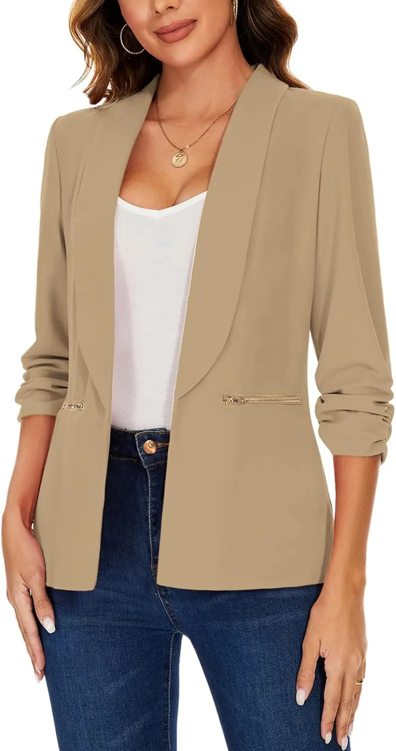 MINTLIMIT Womens Casual Blazer 3/4 Ruched Sleeve Open Front Cardigan Work Office Blazers Suit Jackets with Zipper Pockets