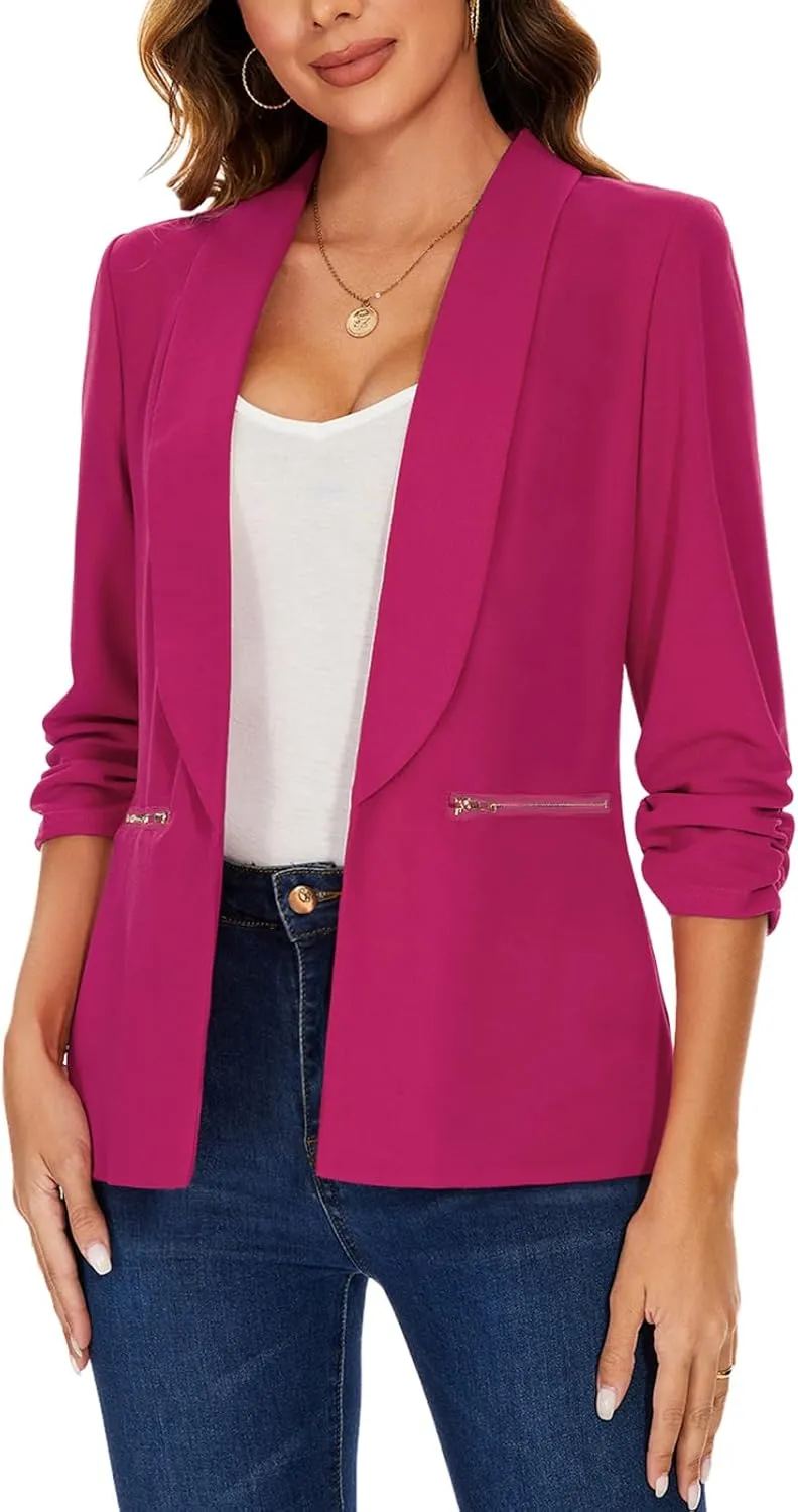 MINTLIMIT Womens Casual Blazer 3/4 Ruched Sleeve Open Front Cardigan Work Office Blazers Suit Jackets with Zipper Pockets