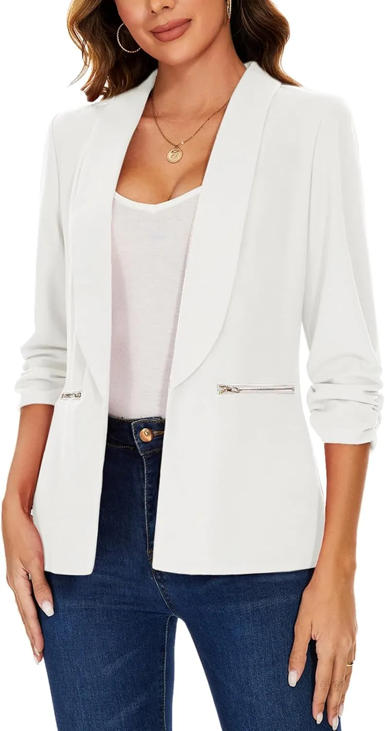 MINTLIMIT Womens Casual Blazer 3/4 Ruched Sleeve Open Front Cardigan Work Office Blazers Suit Jackets with Zipper Pockets