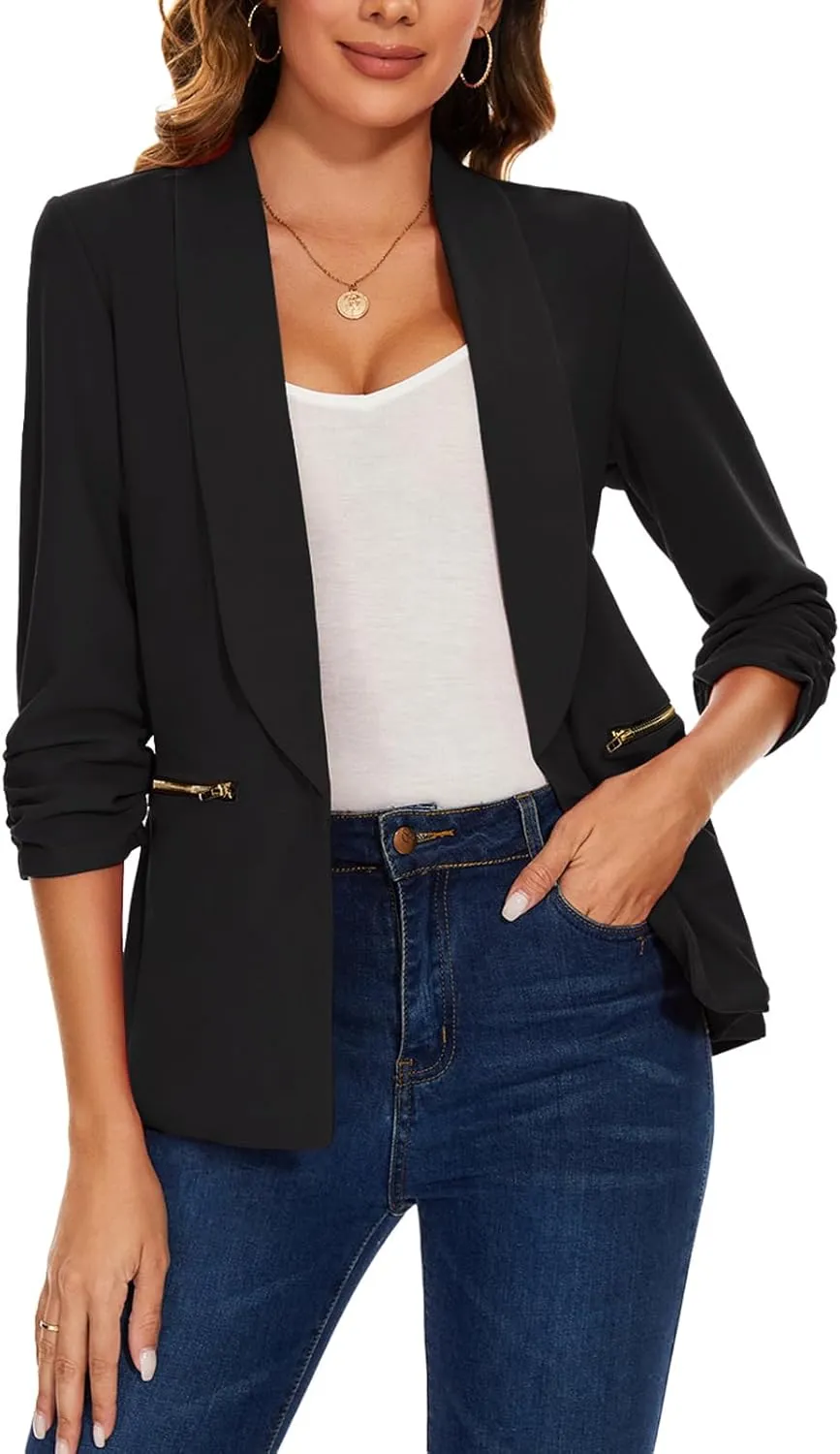 MINTLIMIT Womens Casual Blazer 3/4 Ruched Sleeve Open Front Cardigan Work Office Blazers Suit Jackets with Zipper Pockets