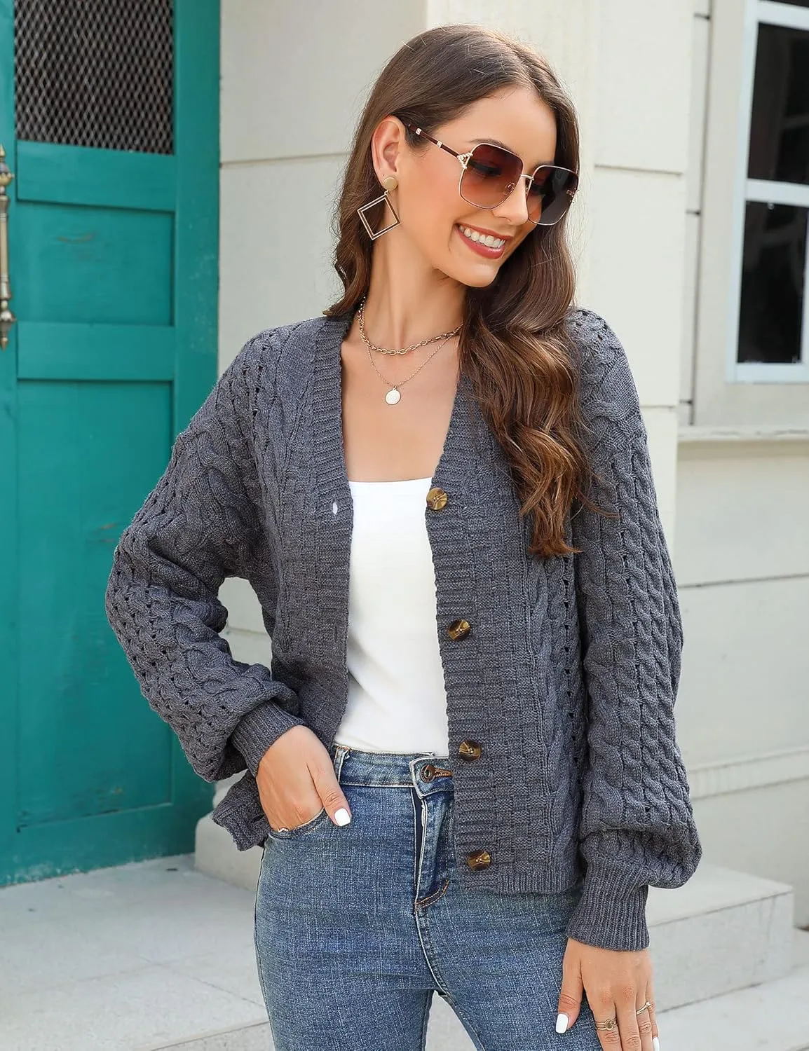 MISSKY Womens Button Down Long Sleeve Cardigan Sweaters V Neck Cable Knit Sweater for Women