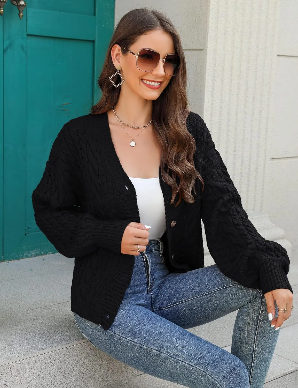 MISSKY Womens Button Down Long Sleeve Cardigan Sweaters V Neck Cable Knit Sweater for Women