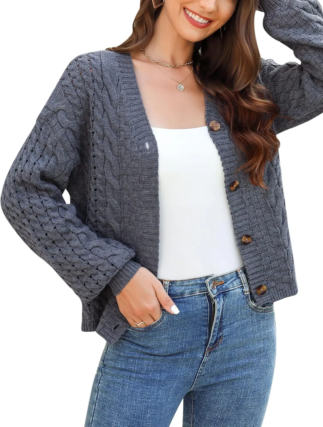 MISSKY Womens Button Down Long Sleeve Cardigan Sweaters V Neck Cable Knit Sweater for Women