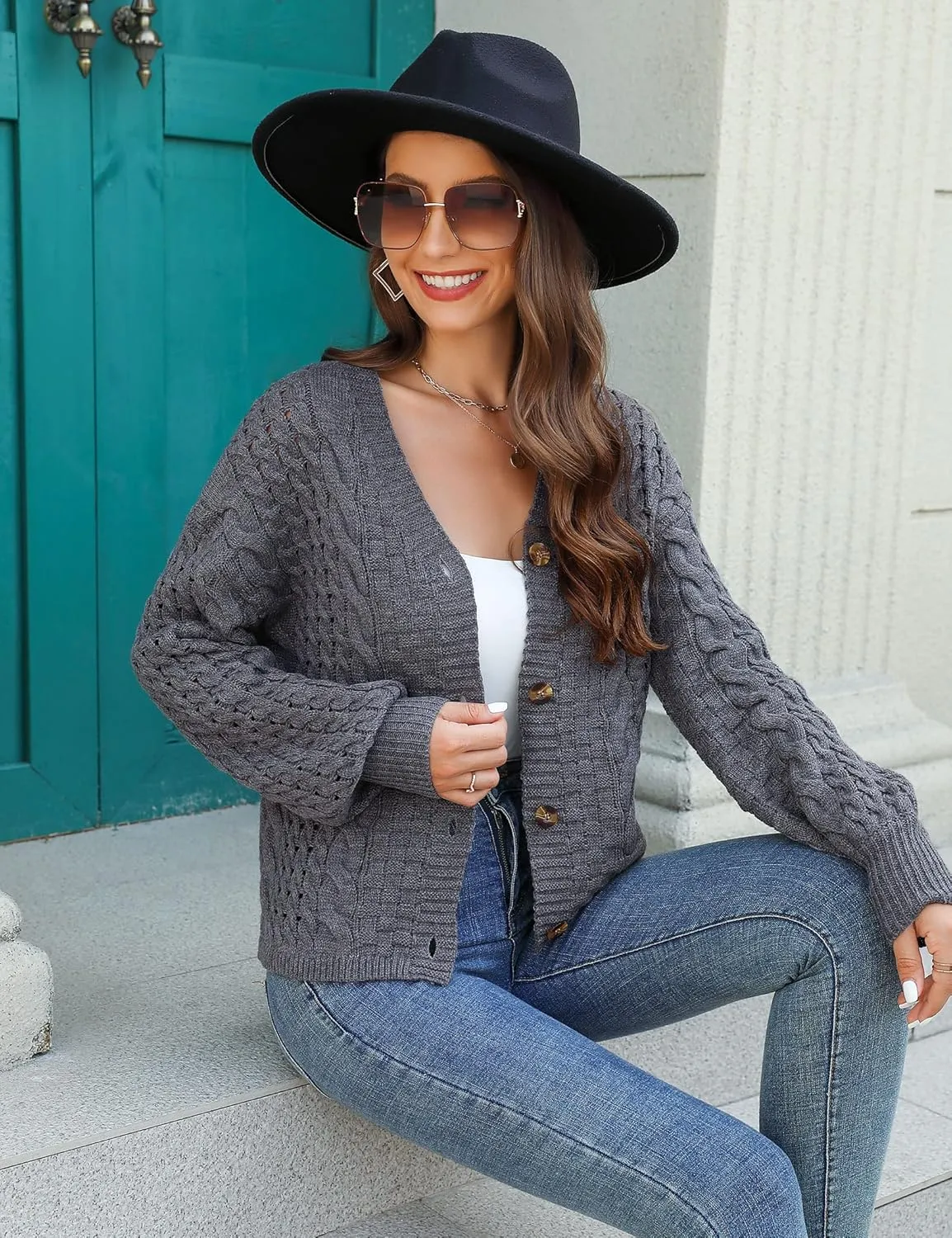 MISSKY Womens Button Down Long Sleeve Cardigan Sweaters V Neck Cable Knit Sweater for Women