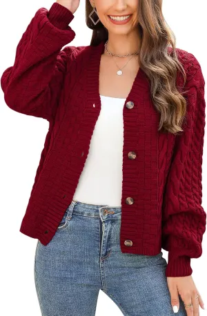 MISSKY Womens Button Down Long Sleeve Cardigan Sweaters V Neck Cable Knit Sweater for Women