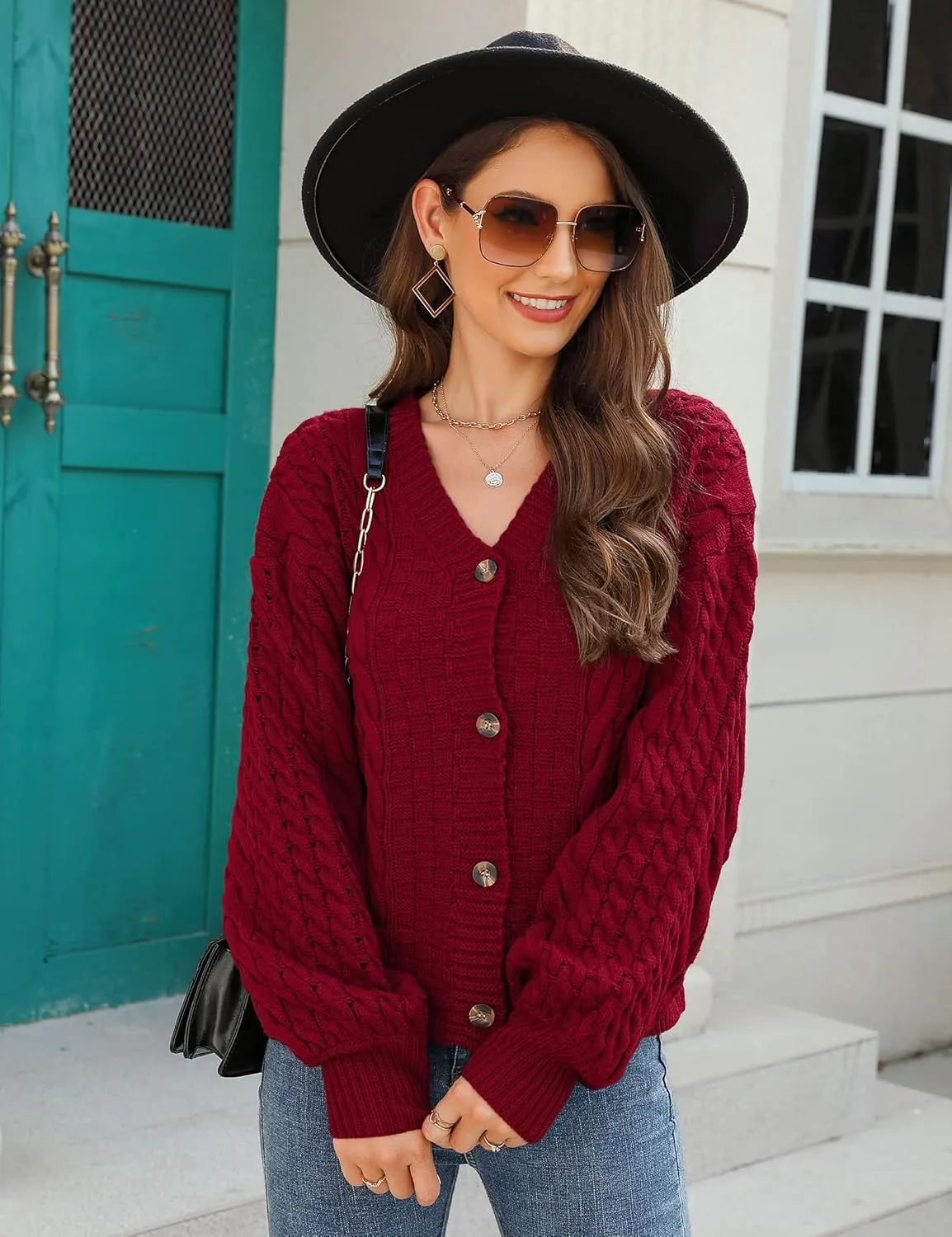 MISSKY Womens Button Down Long Sleeve Cardigan Sweaters V Neck Cable Knit Sweater for Women
