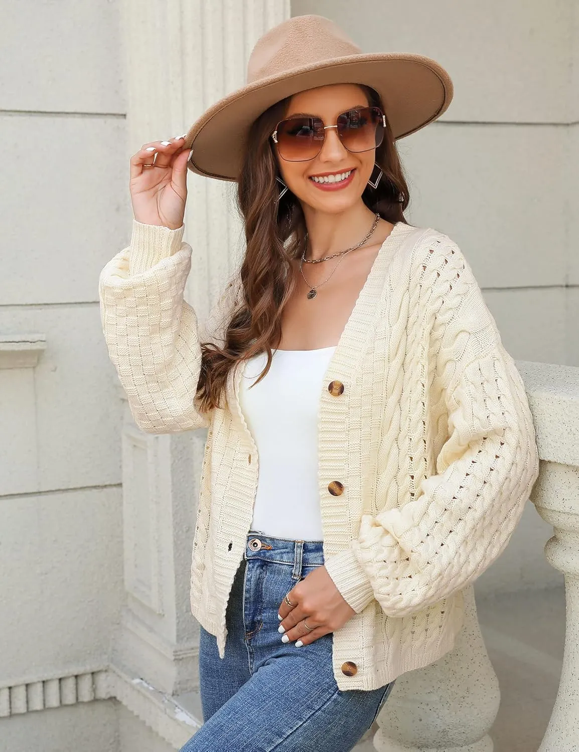 MISSKY Womens Button Down Long Sleeve Cardigan Sweaters V Neck Cable Knit Sweater for Women