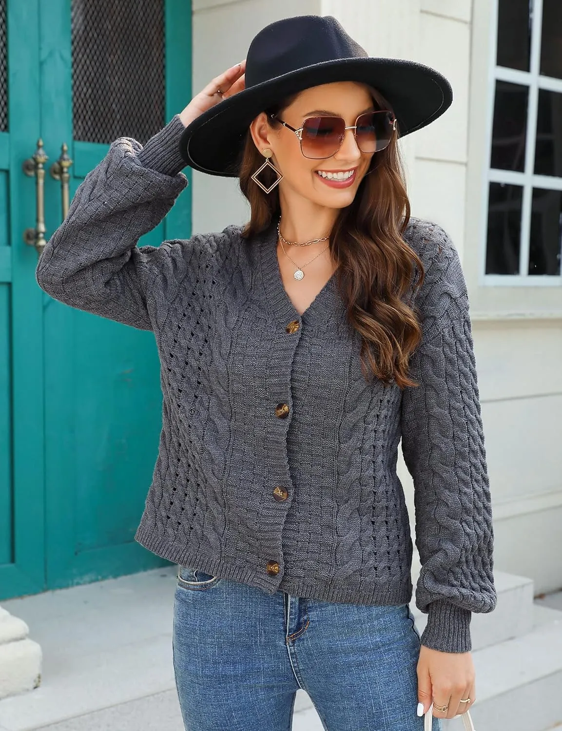 MISSKY Womens Button Down Long Sleeve Cardigan Sweaters V Neck Cable Knit Sweater for Women