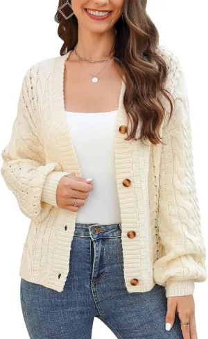 MISSKY Womens Button Down Long Sleeve Cardigan Sweaters V Neck Cable Knit Sweater for Women