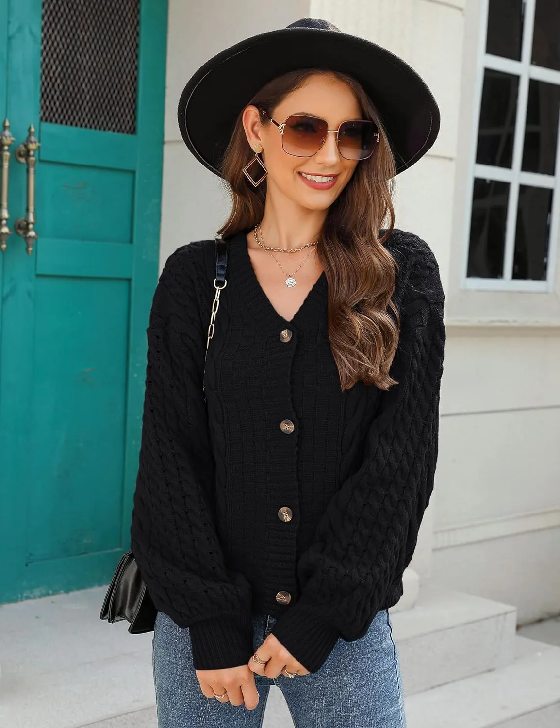 MISSKY Womens Button Down Long Sleeve Cardigan Sweaters V Neck Cable Knit Sweater for Women