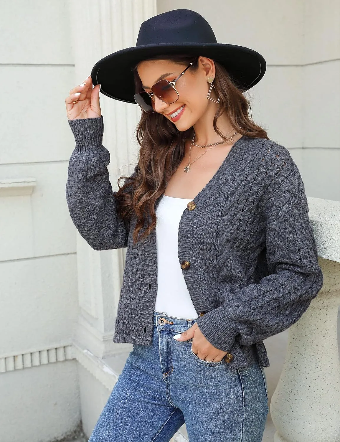 MISSKY Womens Button Down Long Sleeve Cardigan Sweaters V Neck Cable Knit Sweater for Women