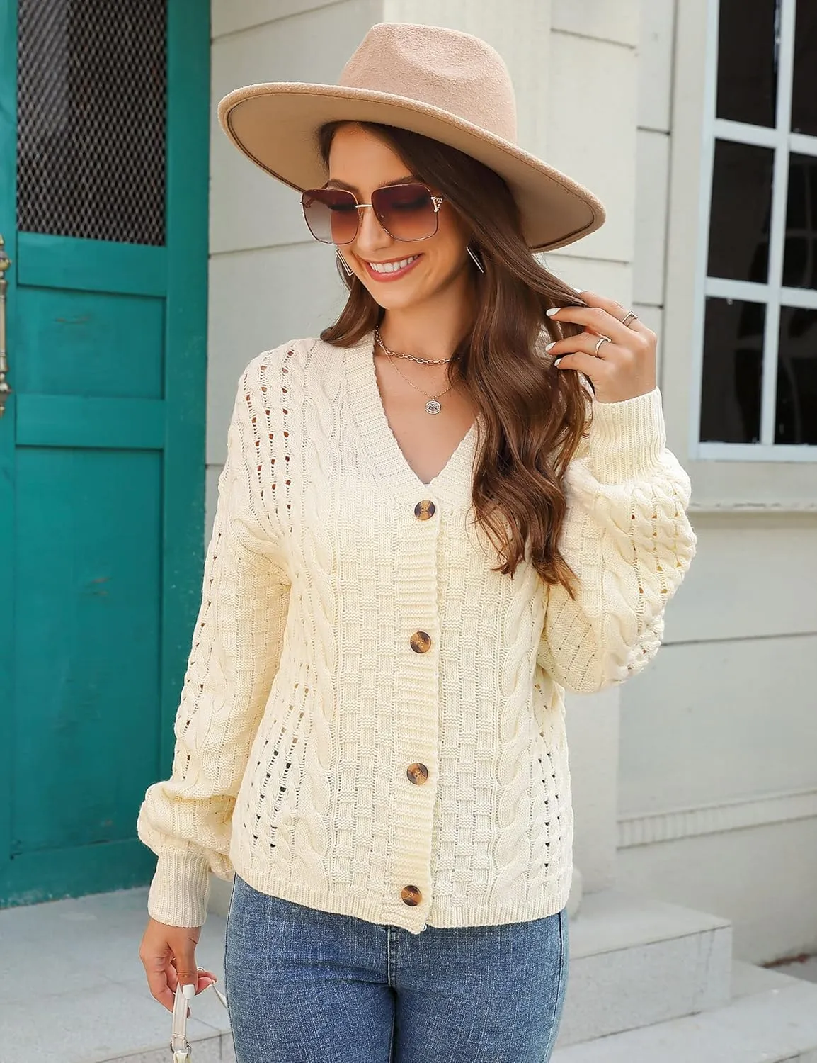 MISSKY Womens Button Down Long Sleeve Cardigan Sweaters V Neck Cable Knit Sweater for Women