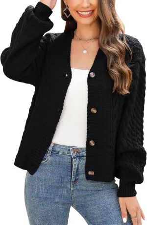 MISSKY Womens Button Down Long Sleeve Cardigan Sweaters V Neck Cable Knit Sweater for Women