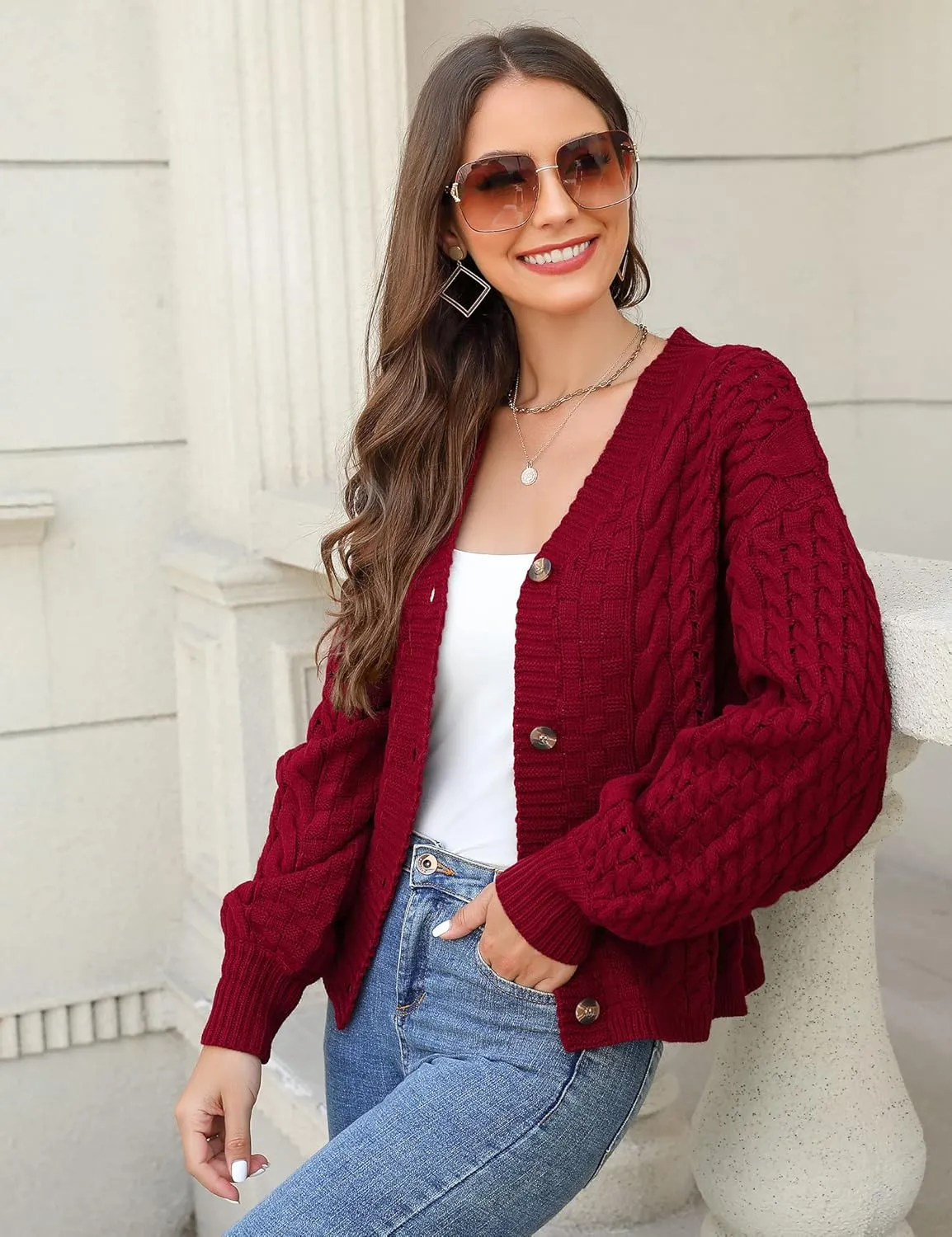 MISSKY Womens Button Down Long Sleeve Cardigan Sweaters V Neck Cable Knit Sweater for Women