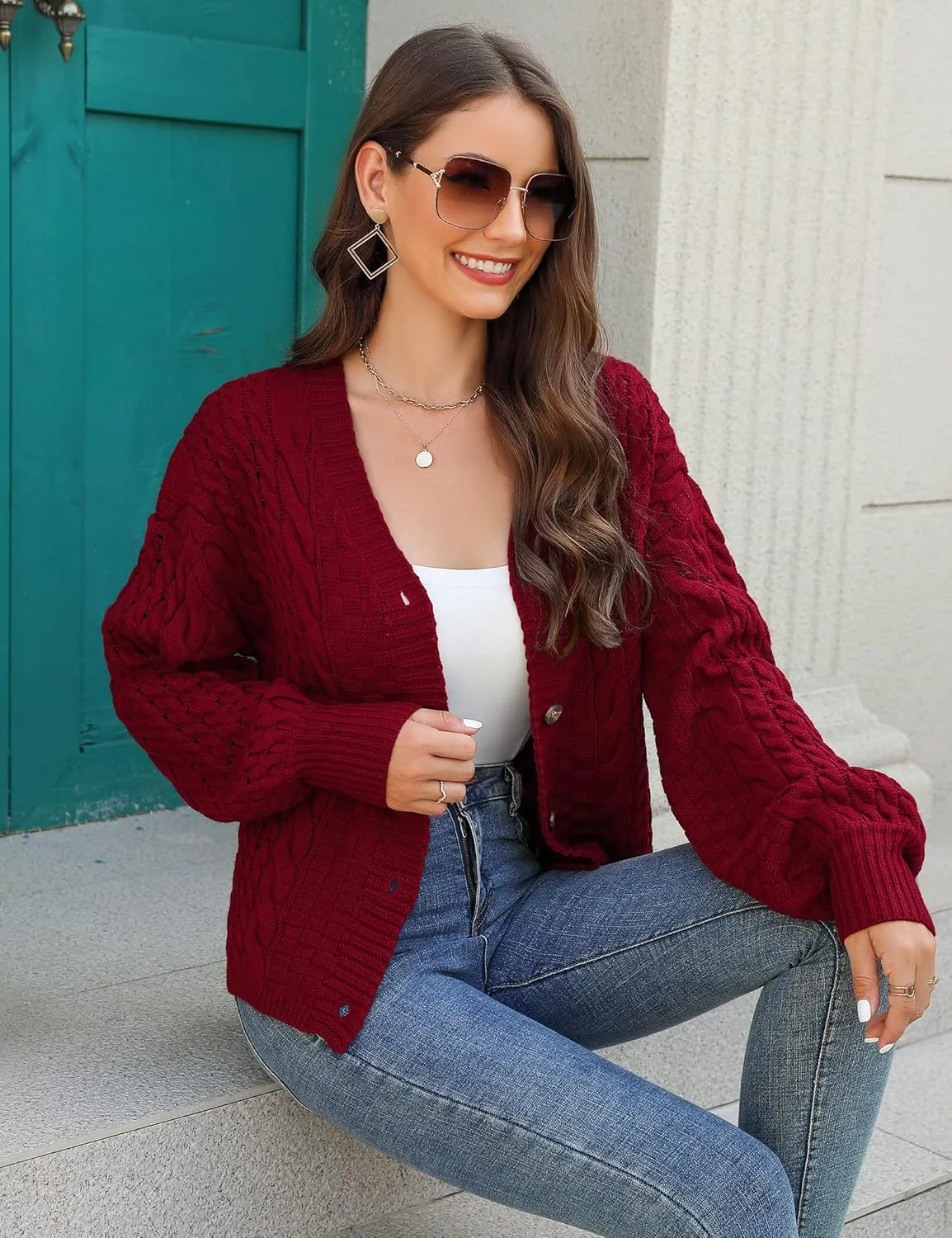 MISSKY Womens Button Down Long Sleeve Cardigan Sweaters V Neck Cable Knit Sweater for Women