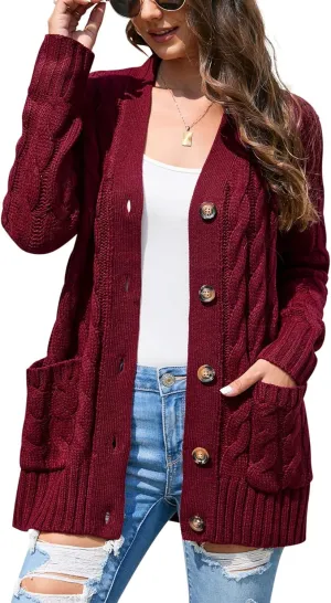 MISSKY Women's Open Front Cardigan Sweater with Pockets Long Sleeve Cable Knit Button Loose Cardigan Sweater Outwear
