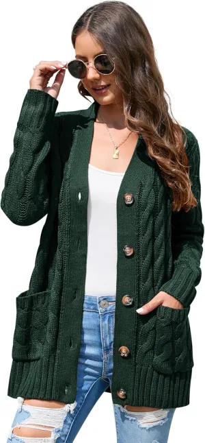 MISSKY Women's Open Front Cardigan Sweater with Pockets Long Sleeve Cable Knit Button Loose Cardigan Sweater Outwear