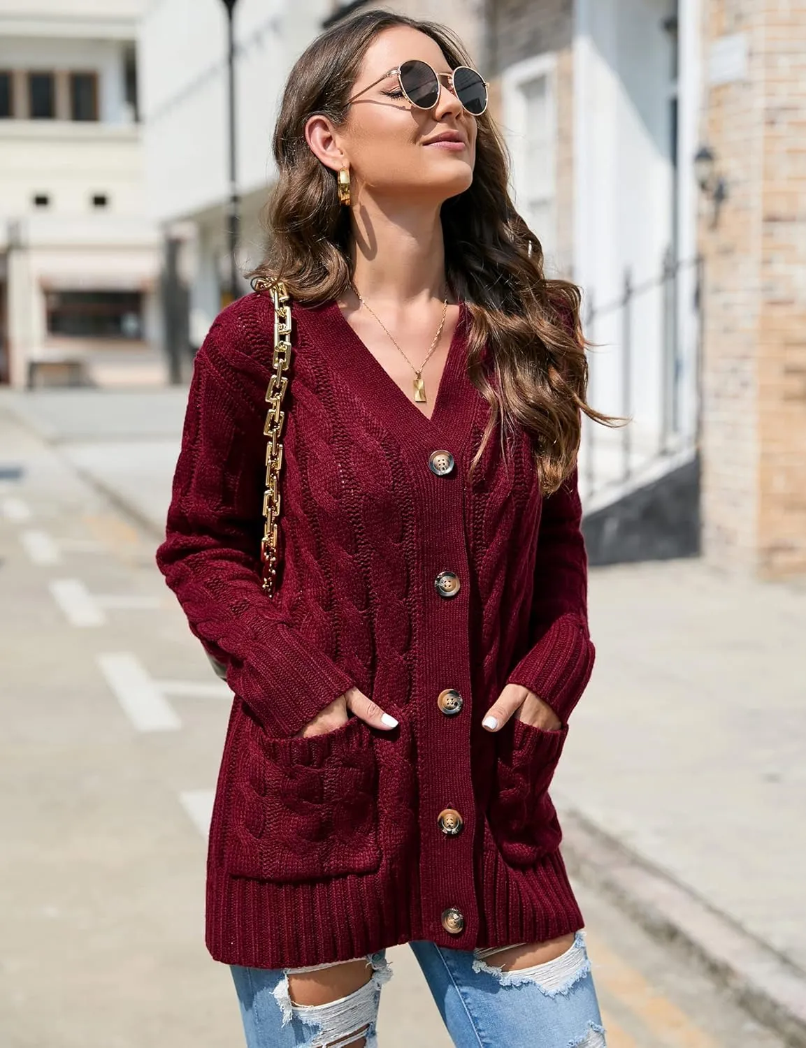 MISSKY Women's Open Front Cardigan Sweater with Pockets Long Sleeve Cable Knit Button Loose Cardigan Sweater Outwear