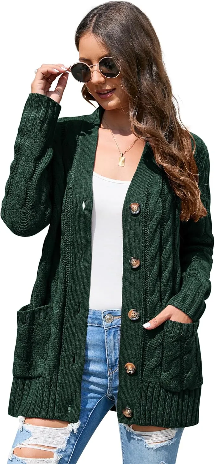 MISSKY Women's Open Front Cardigan Sweater with Pockets Long Sleeve Cable Knit Button Loose Cardigan Sweater Outwear