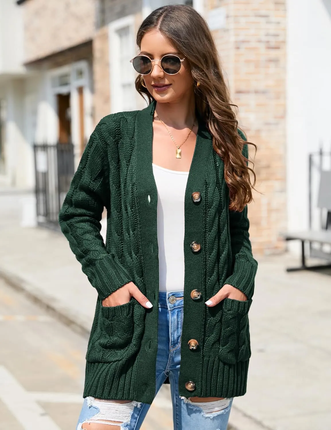 MISSKY Women's Open Front Cardigan Sweater with Pockets Long Sleeve Cable Knit Button Loose Cardigan Sweater Outwear