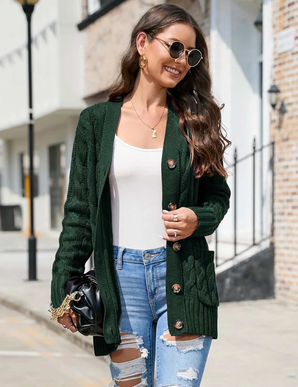 MISSKY Women's Open Front Cardigan Sweater with Pockets Long Sleeve Cable Knit Button Loose Cardigan Sweater Outwear