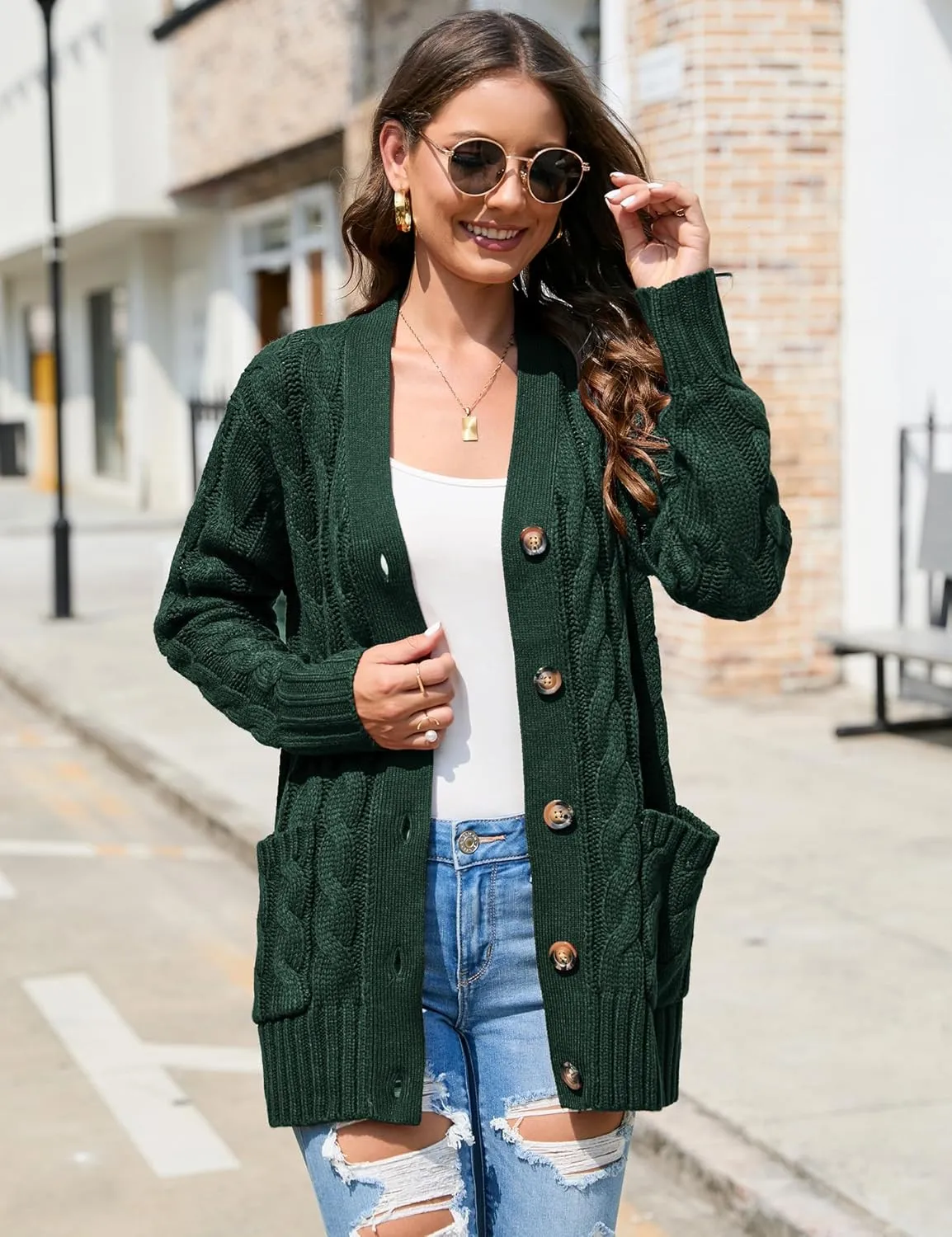 MISSKY Women's Open Front Cardigan Sweater with Pockets Long Sleeve Cable Knit Button Loose Cardigan Sweater Outwear