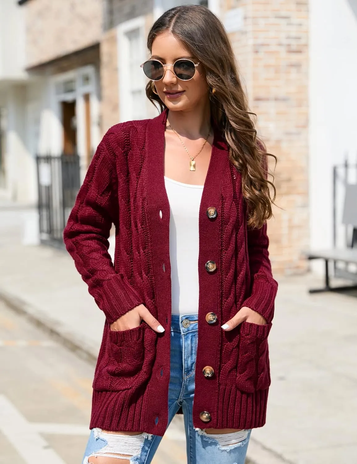 MISSKY Women's Open Front Cardigan Sweater with Pockets Long Sleeve Cable Knit Button Loose Cardigan Sweater Outwear