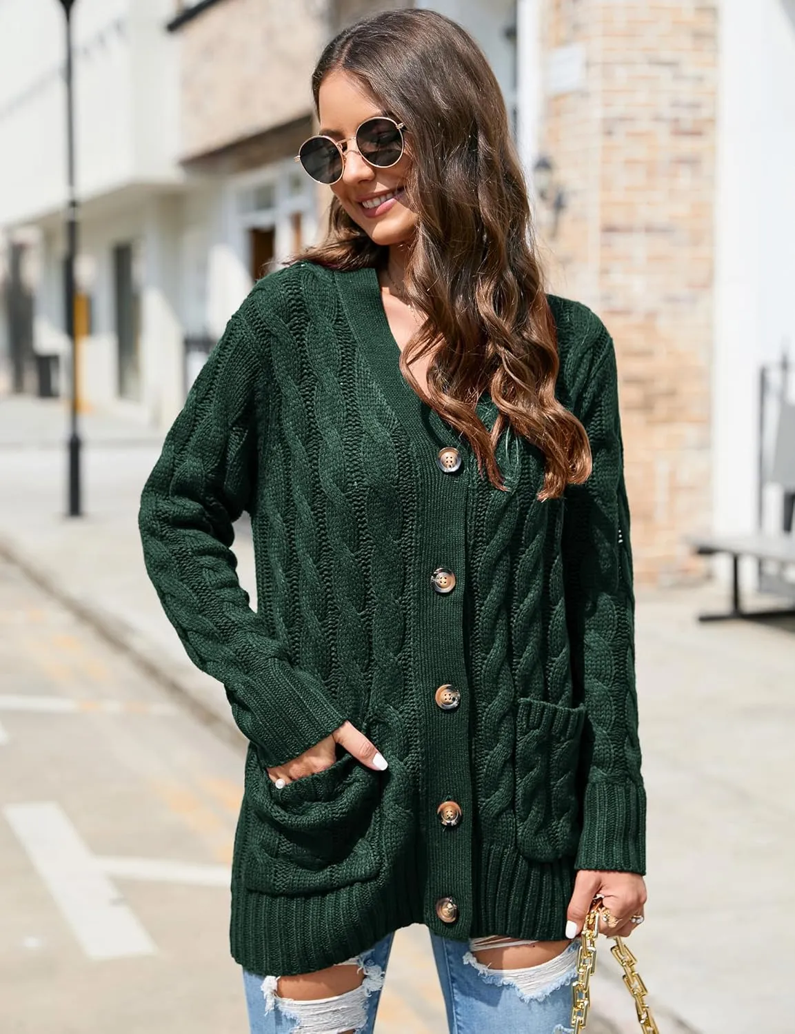 MISSKY Women's Open Front Cardigan Sweater with Pockets Long Sleeve Cable Knit Button Loose Cardigan Sweater Outwear
