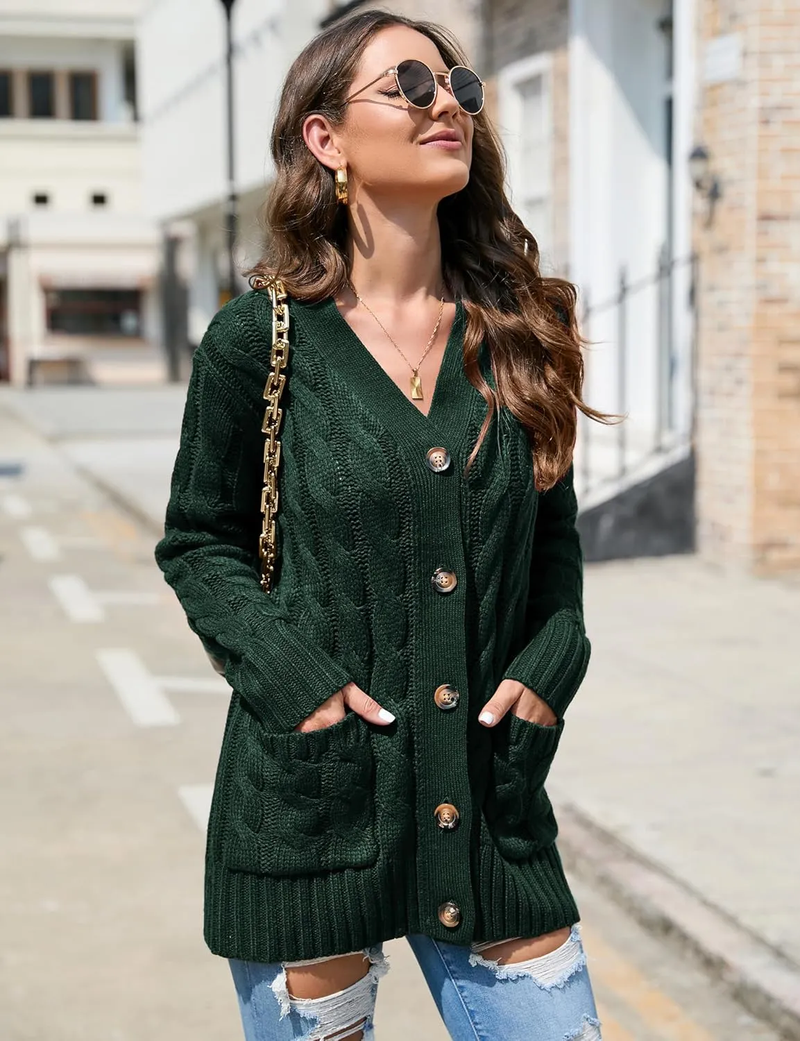 MISSKY Women's Open Front Cardigan Sweater with Pockets Long Sleeve Cable Knit Button Loose Cardigan Sweater Outwear