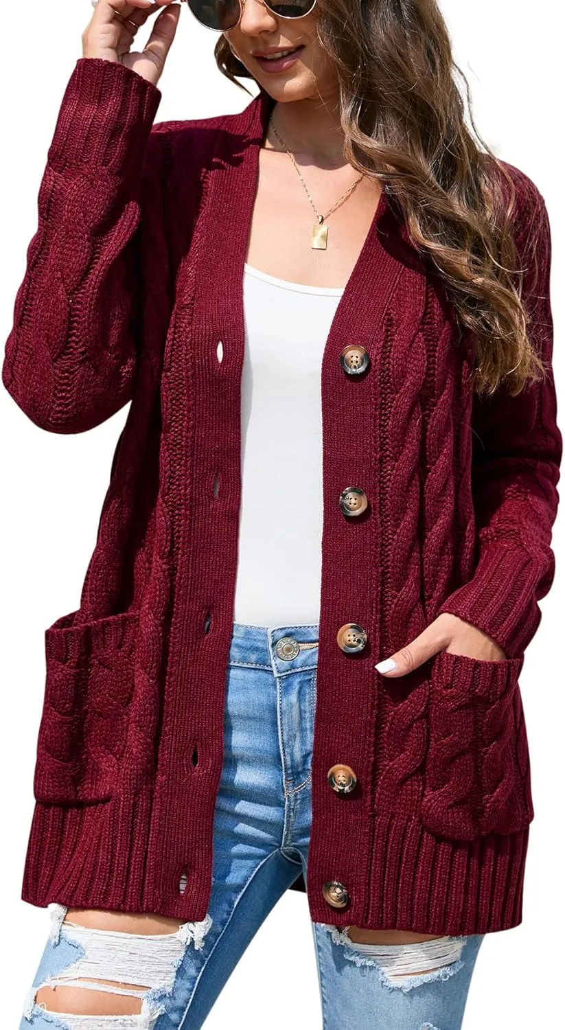 MISSKY Women's Open Front Cardigan Sweater with Pockets Long Sleeve Cable Knit Button Loose Cardigan Sweater Outwear