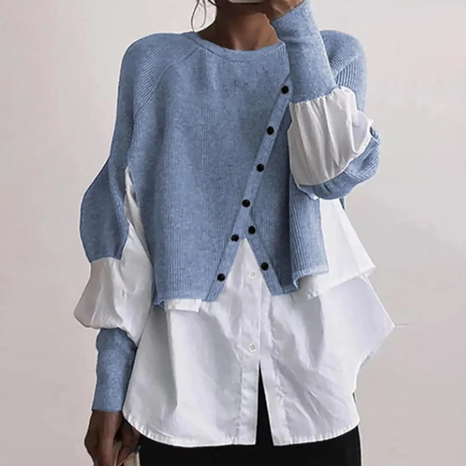 Miyaomn Womens Trendy Patchwork Shirts 2 in 1 Oblique Buttons Lantern Sleeve Pullover Sweater Casual Layered Raglan Loose Top