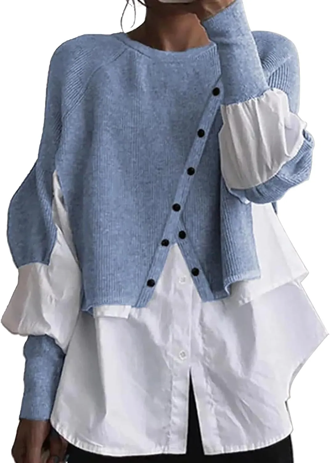 Miyaomn Womens Trendy Patchwork Shirts 2 in 1 Oblique Buttons Lantern Sleeve Pullover Sweater Casual Layered Raglan Loose Top