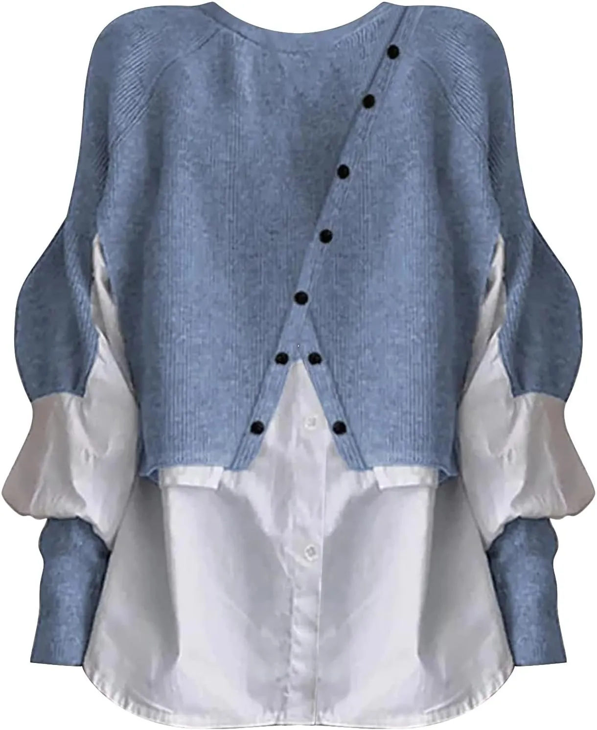 Miyaomn Womens Trendy Patchwork Shirts 2 in 1 Oblique Buttons Lantern Sleeve Pullover Sweater Casual Layered Raglan Loose Top