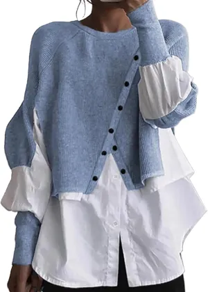 Miyaomn Womens Trendy Patchwork Shirts 2 in 1 Oblique Buttons Lantern Sleeve Pullover Sweater Casual Layered Raglan Loose Top