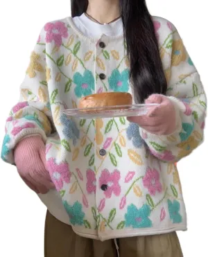Oversized Flower Cardigan Sweaters Cottagecore Vintage Cute Sweaters Oversized Y2k Floral Sweaters Cardigans