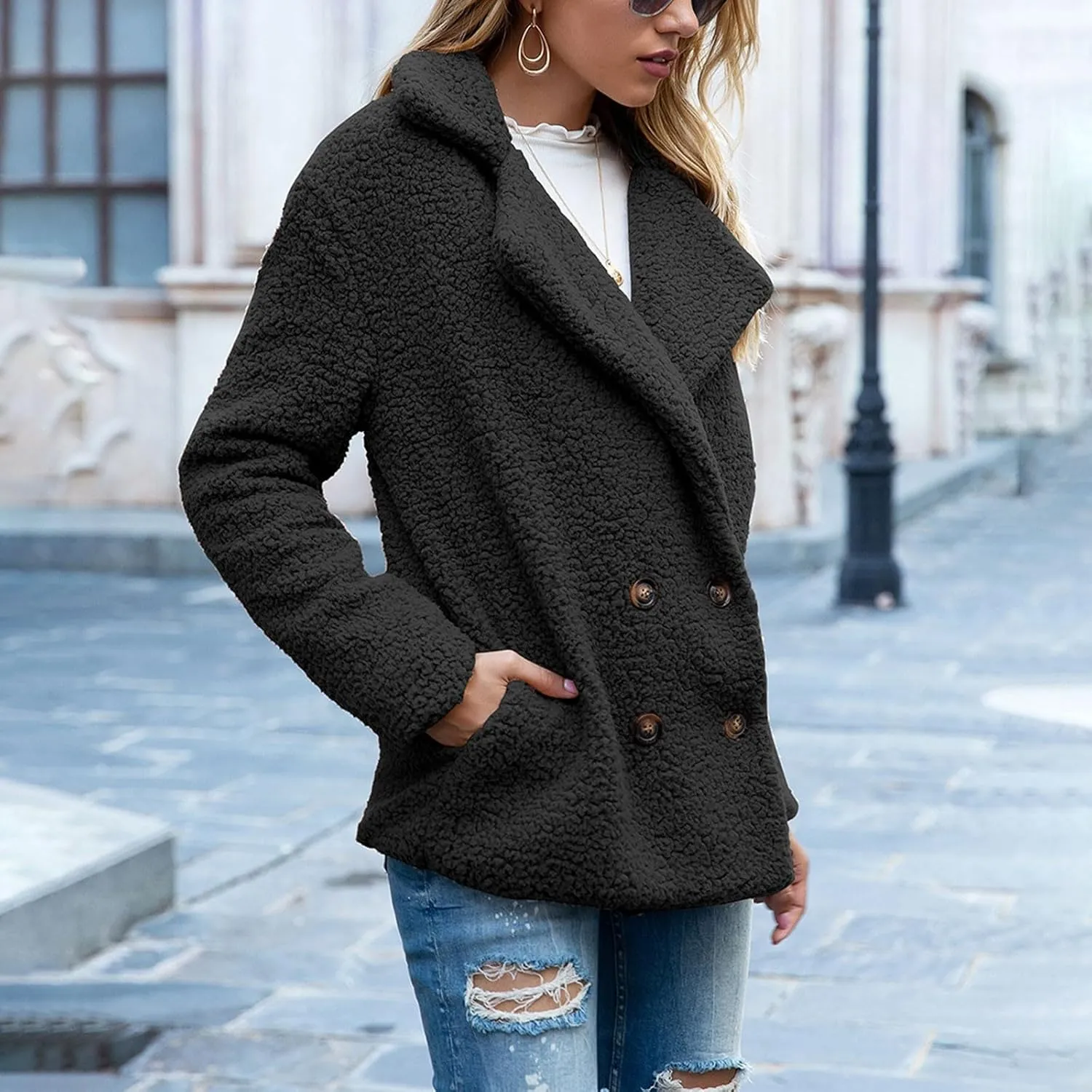 Oversized Fuzzy Fleece Jackets for Women Lapel Neck 2025 Parka Warm Pullovers Casual Loose Sweatshrits with Pockets