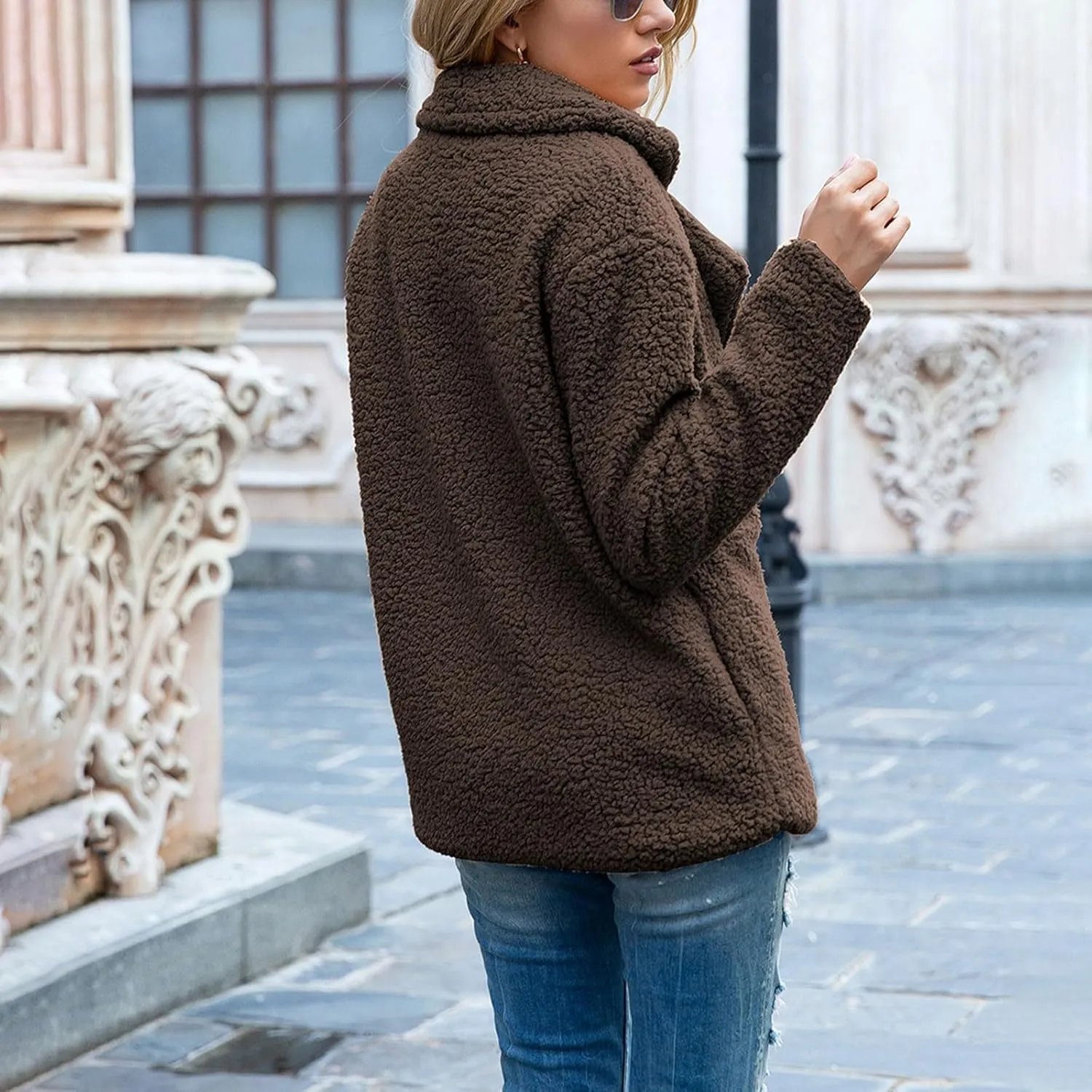 Oversized Fuzzy Fleece Jackets for Women Lapel Neck 2025 Parka Warm Pullovers Casual Loose Sweatshrits with Pockets