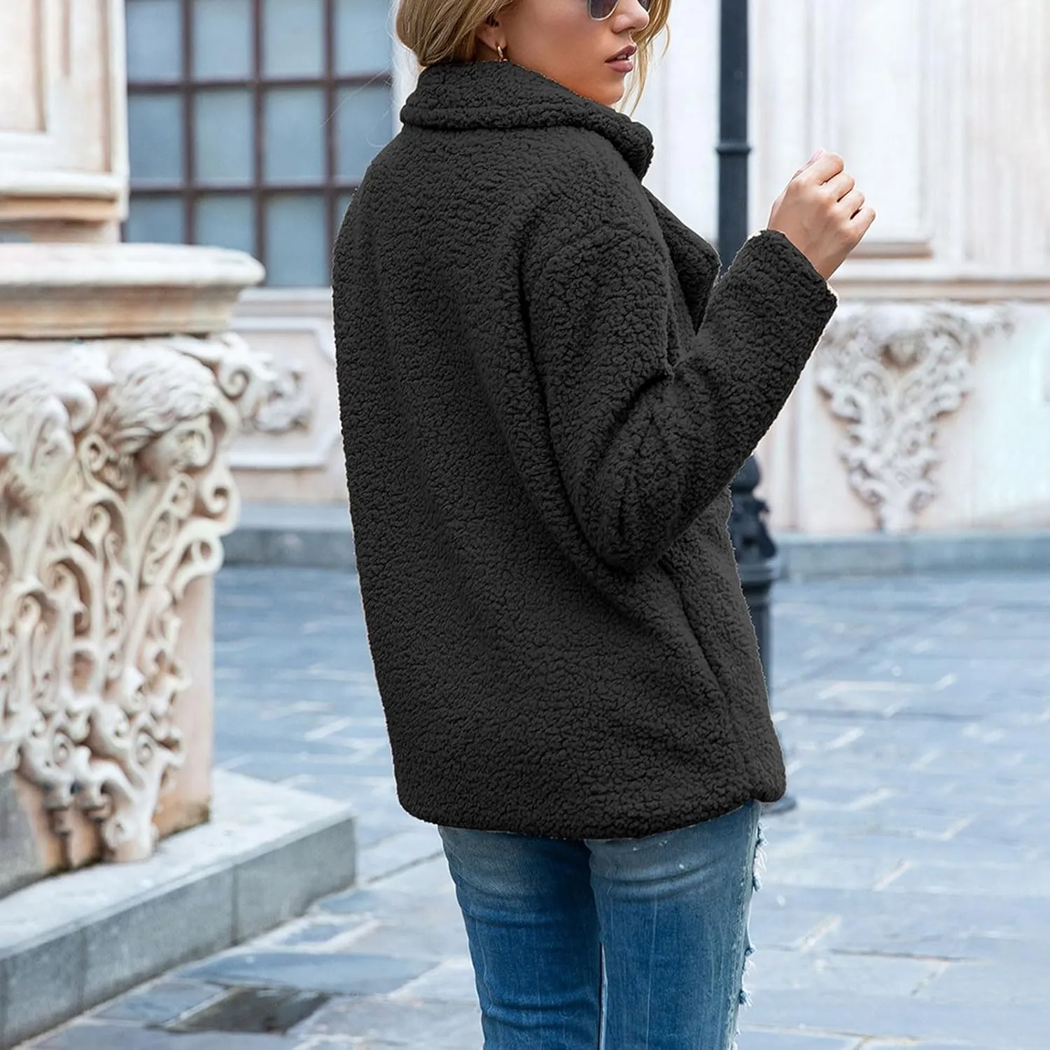 Oversized Fuzzy Fleece Jackets for Women Lapel Neck 2025 Parka Warm Pullovers Casual Loose Sweatshrits with Pockets