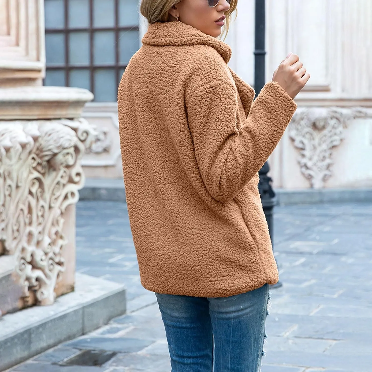 Oversized Fuzzy Fleece Jackets for Women Lapel Neck 2025 Parka Warm Pullovers Casual Loose Sweatshrits with Pockets