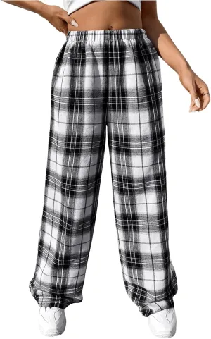 OYOANGLE Girl's Plaid Elastic Waist Pants Straight Leg Long Trousers