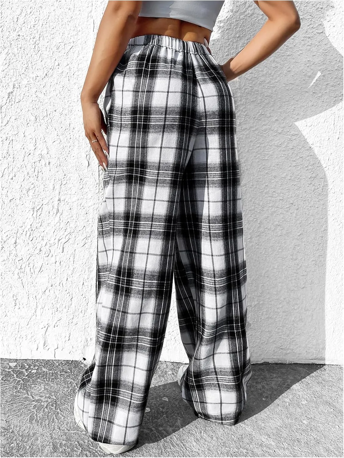OYOANGLE Girl's Plaid Elastic Waist Pants Straight Leg Long Trousers