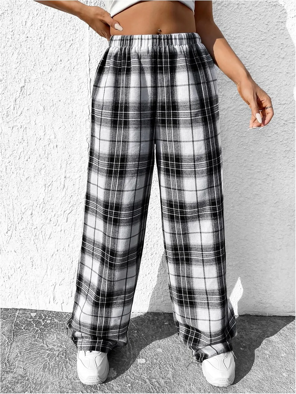 OYOANGLE Girl's Plaid Elastic Waist Pants Straight Leg Long Trousers