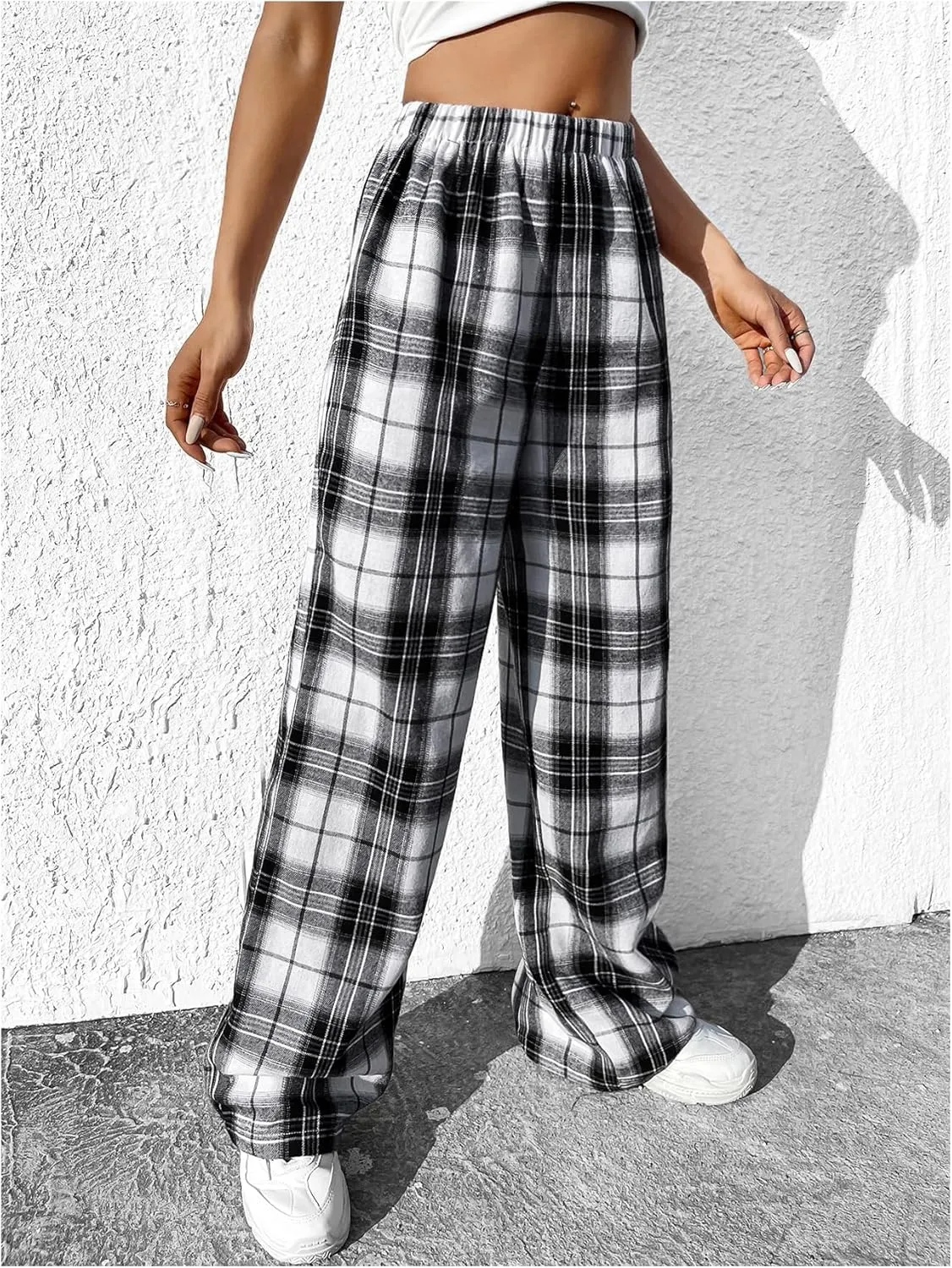 OYOANGLE Girl's Plaid Elastic Waist Pants Straight Leg Long Trousers