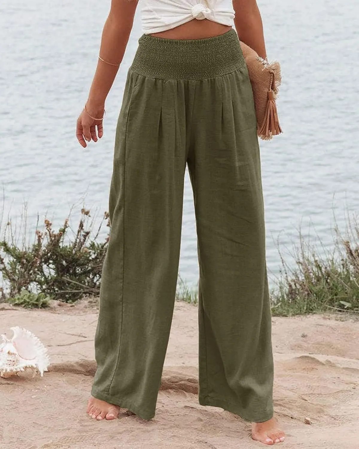 Palazzo Pants for Women Cotton Linen Wide Leg Pants Summer High Waist Lounge Pant Flowy Vacation Beach Pants Trousers