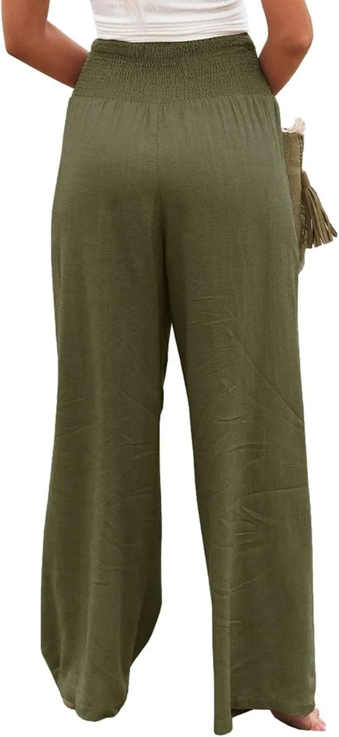 Palazzo Pants for Women Cotton Linen Wide Leg Pants Summer High Waist Lounge Pant Flowy Vacation Beach Pants Trousers
