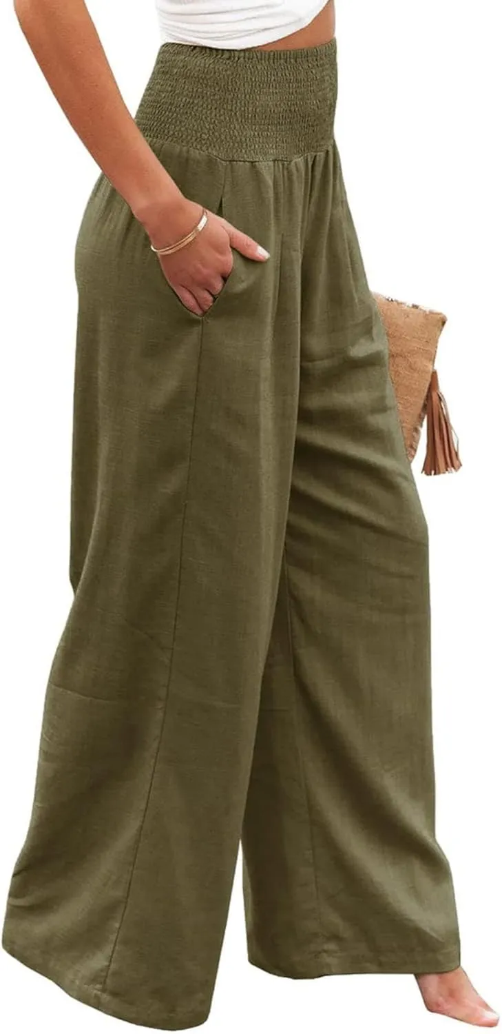 Palazzo Pants for Women Cotton Linen Wide Leg Pants Summer High Waist Lounge Pant Flowy Vacation Beach Pants Trousers