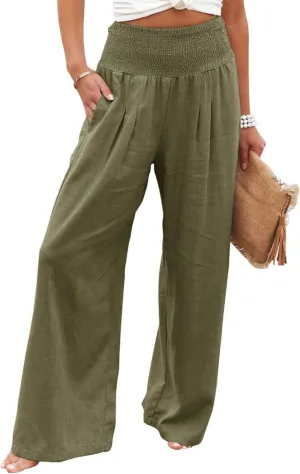 Palazzo Pants for Women Cotton Linen Wide Leg Pants Summer High Waist Lounge Pant Flowy Vacation Beach Pants Trousers