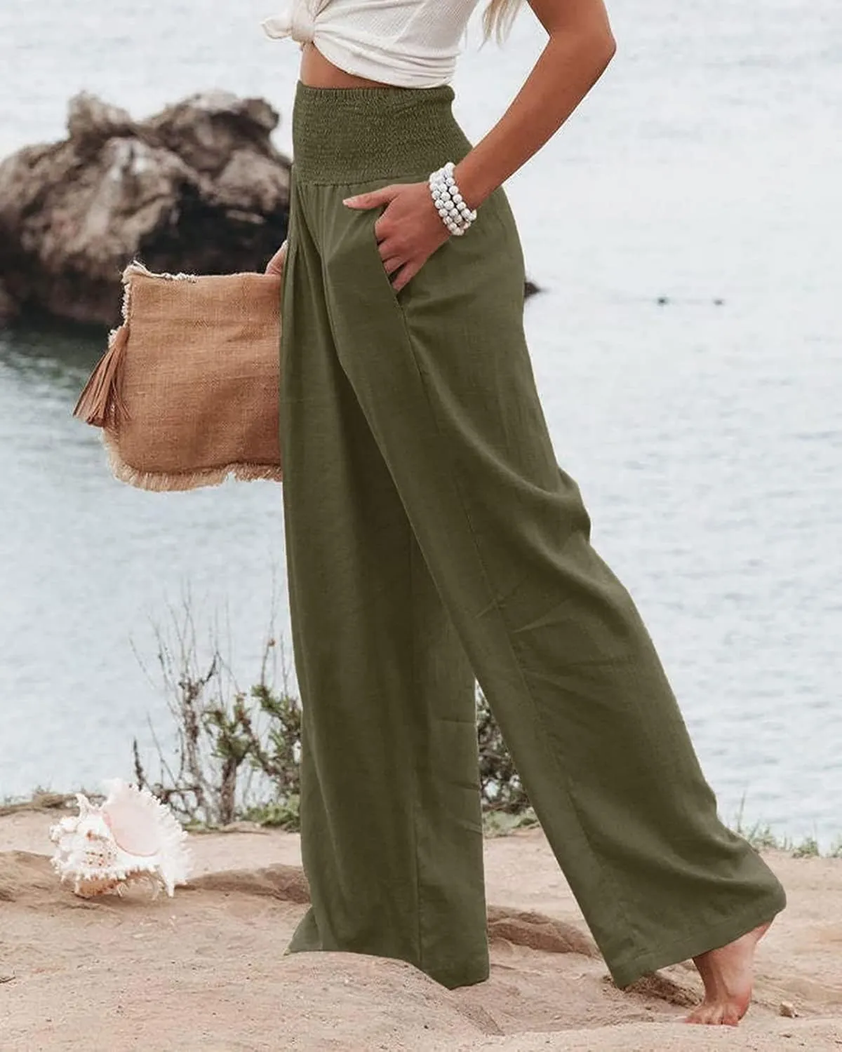 Palazzo Pants for Women Cotton Linen Wide Leg Pants Summer High Waist Lounge Pant Flowy Vacation Beach Pants Trousers