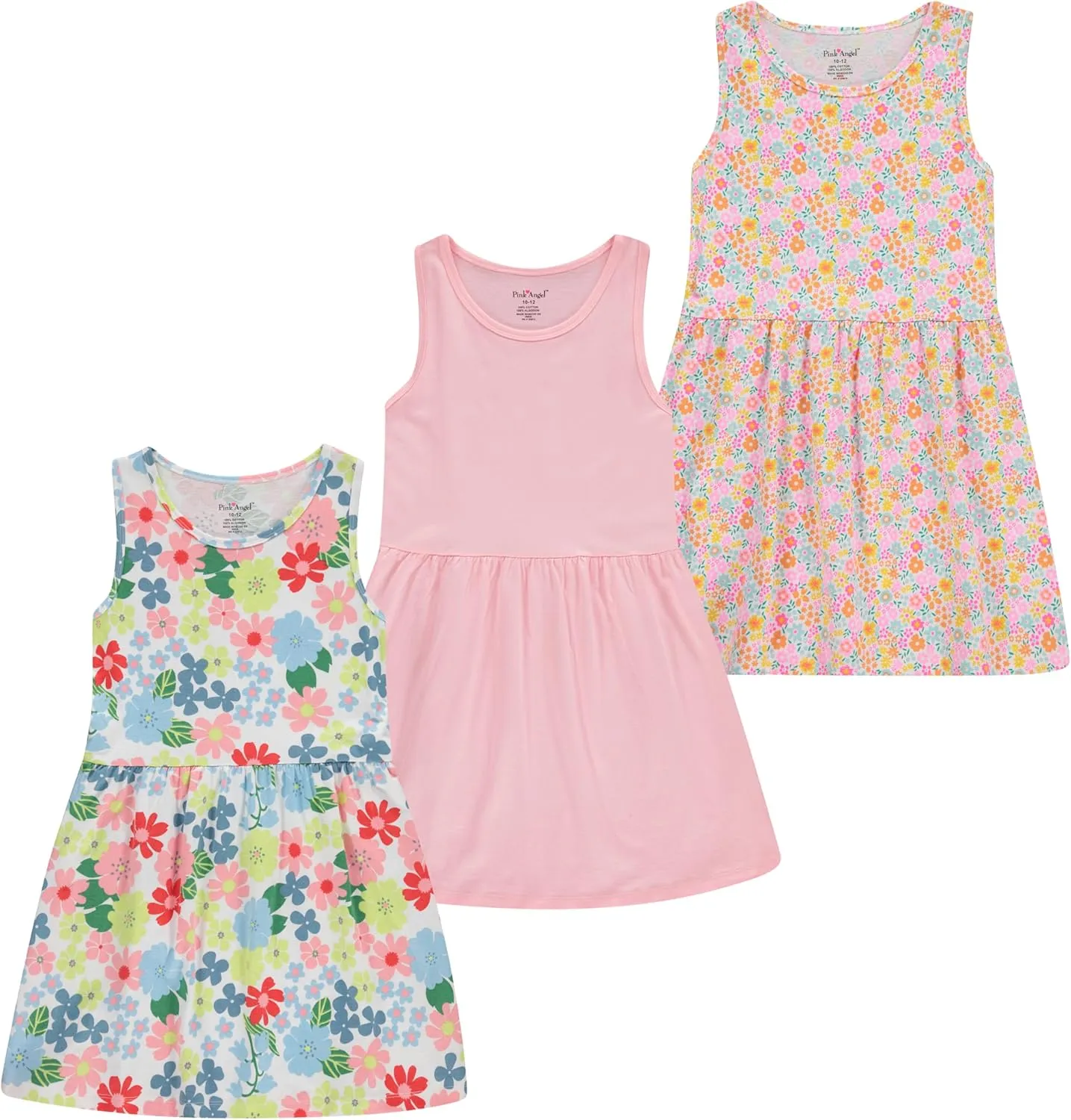 Pink Angel 3-Pack Girls' Dresses, Kids Casual Fit and Flare Sleeveless Summer Dress & School Outfit, 100% Cotton